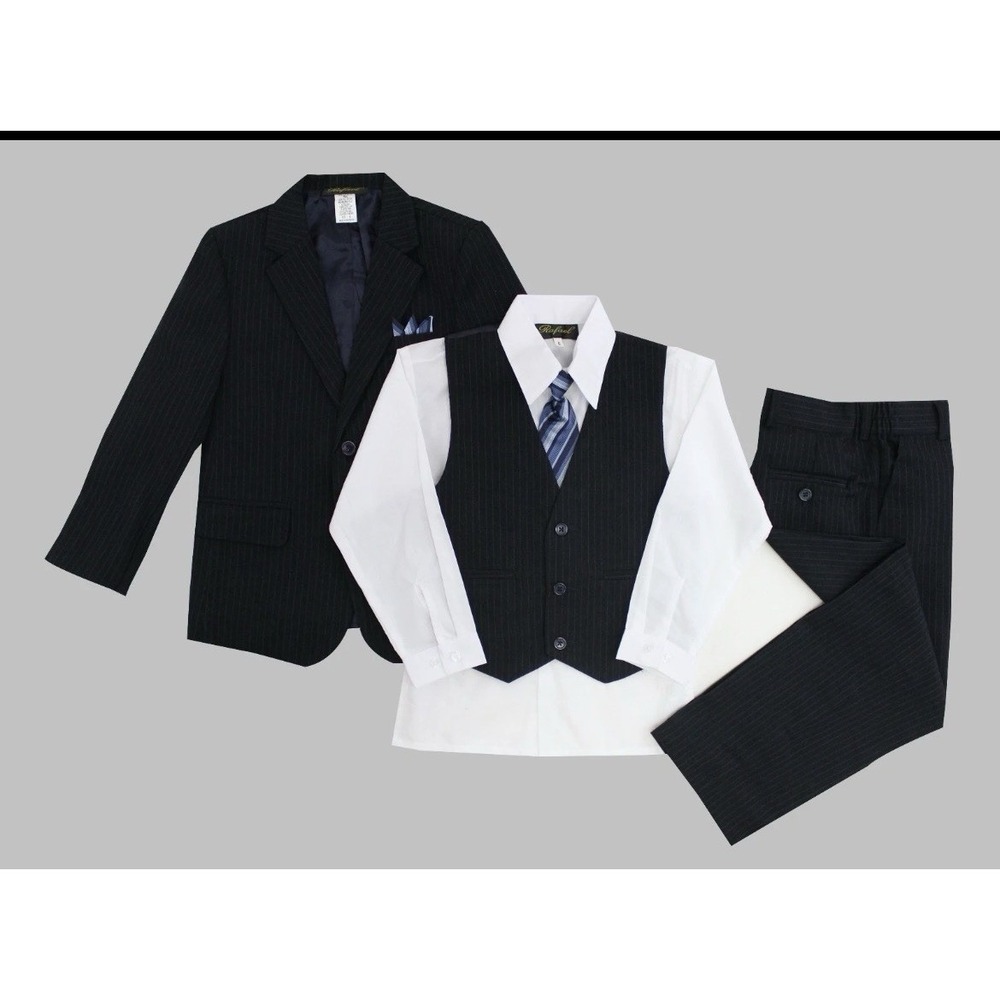 Formal Kids Toddler Boys Pinstripe Suit Navy 5 PC Set With Vest and Tie Size 2T